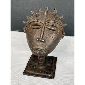 Miniature Small Baule Style African Cast Bronze Passport Mask Spike with Base